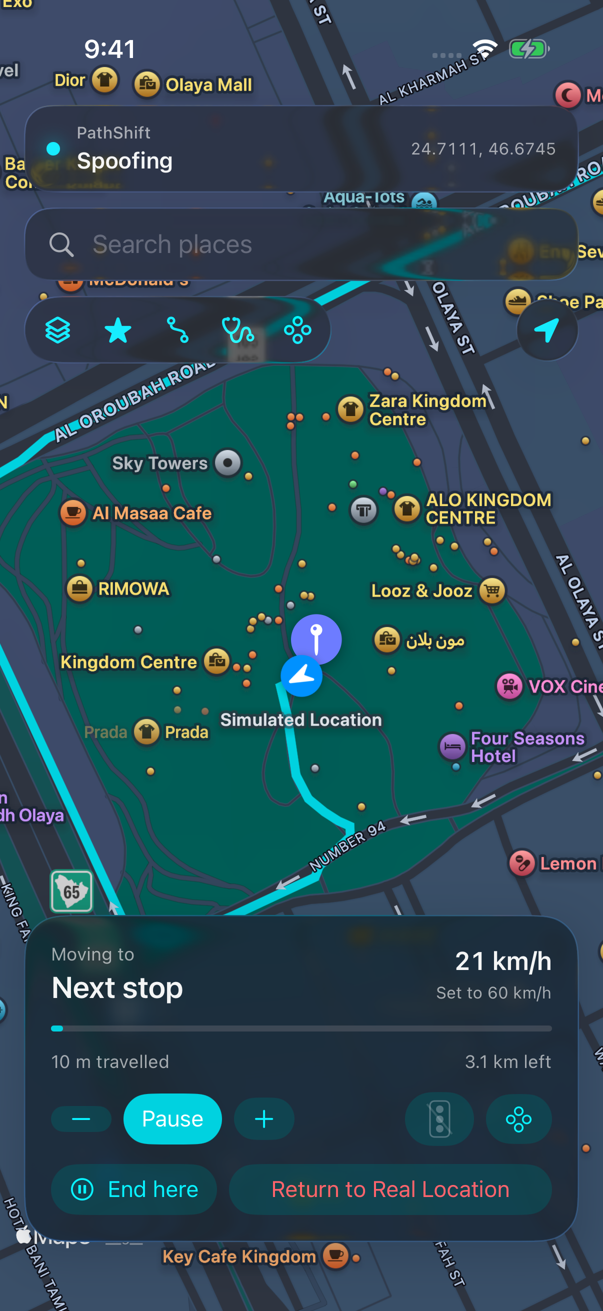 PathShift running a road route with pause, speed and End here controls